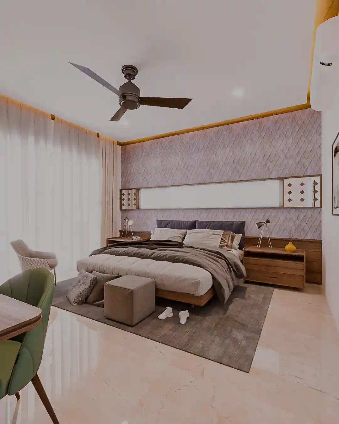 Luxury home interiors in Malappuram highlighting a master bedroom with elegant design and cozy ambiance.