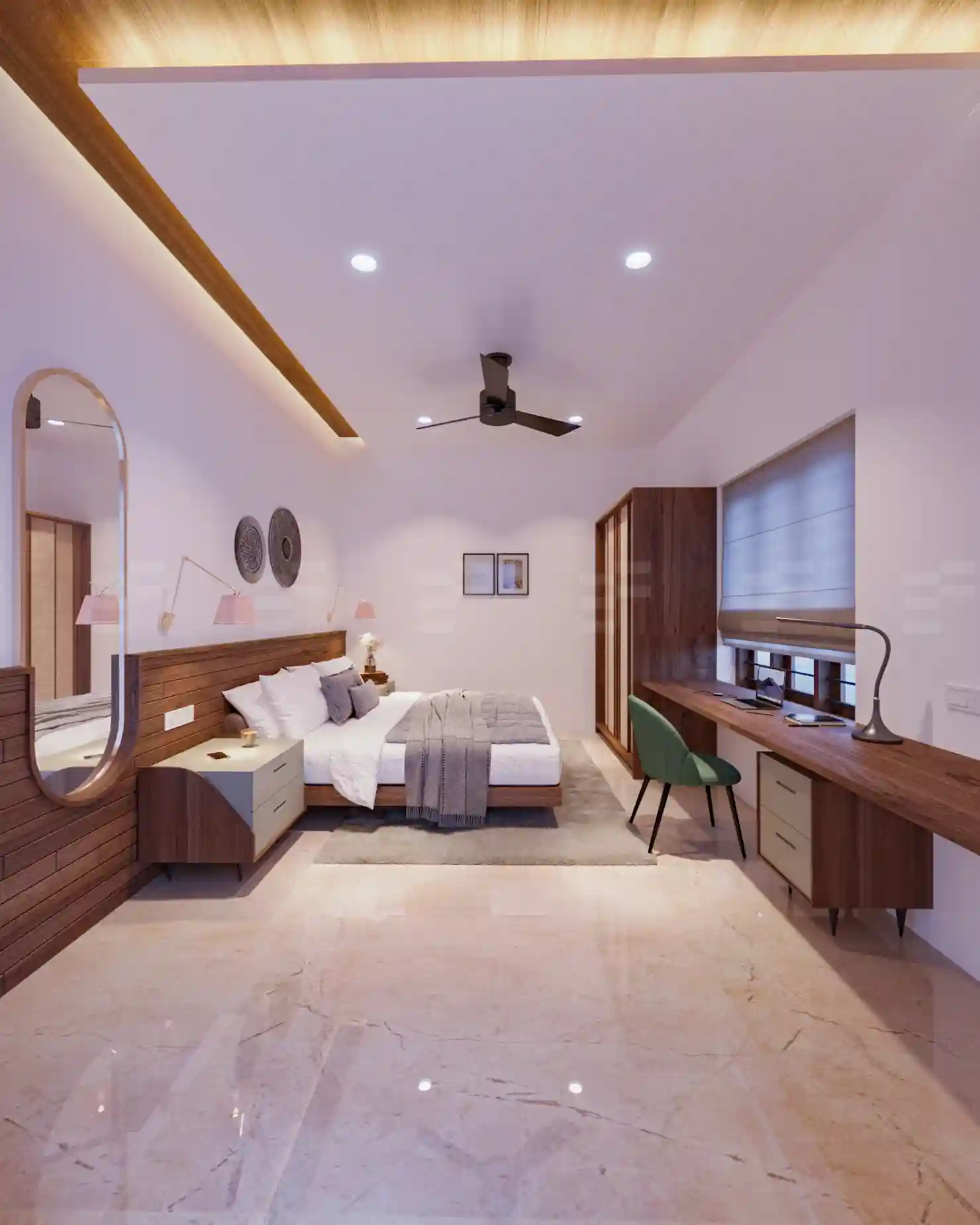 Cozy bedroom design crafted by luxury home interiors in Malappuram with stylish details and warm tones.