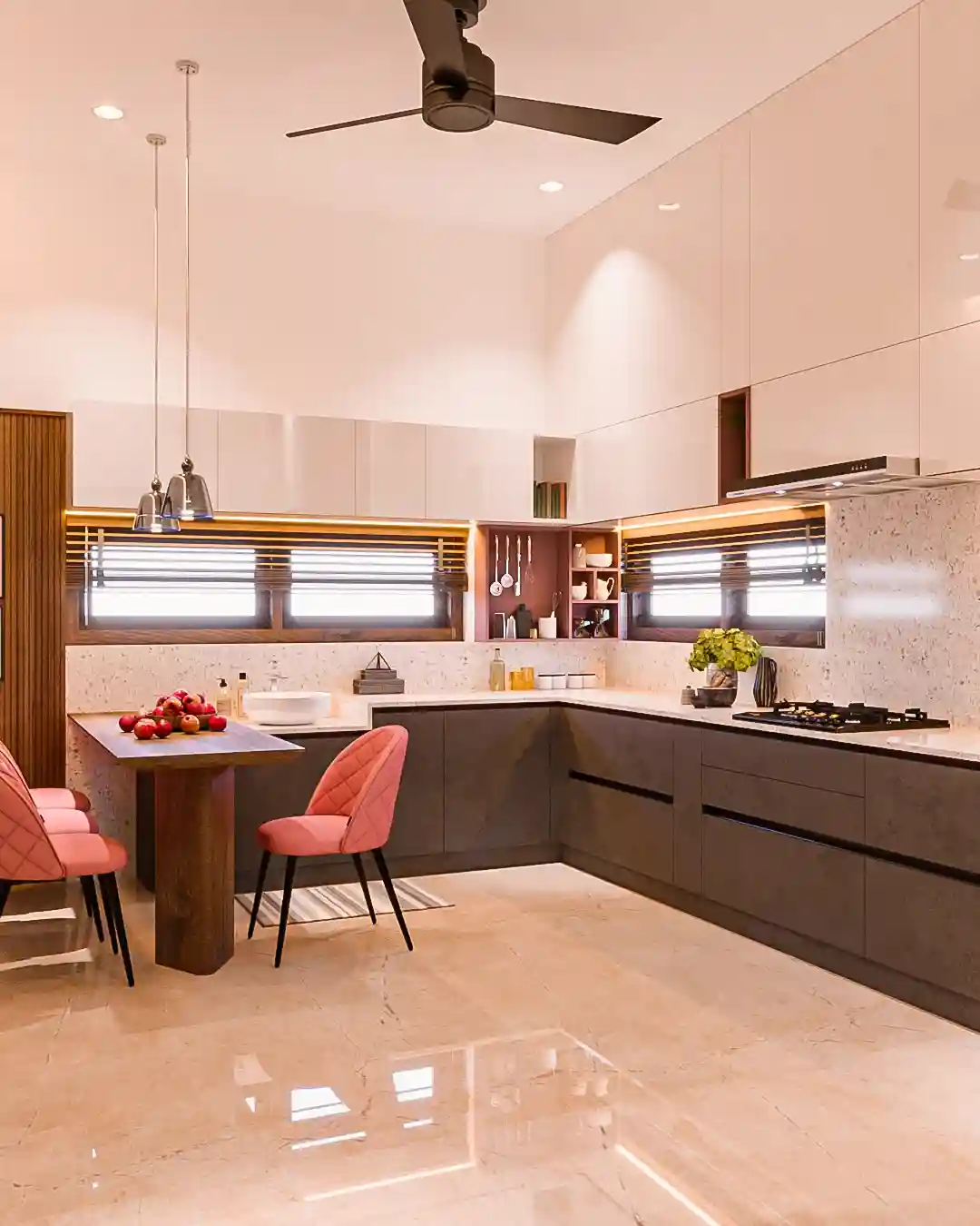 Elegant kitchen interior from luxury home interiors in Malappuram, blending contemporary aesthetics with comfort.