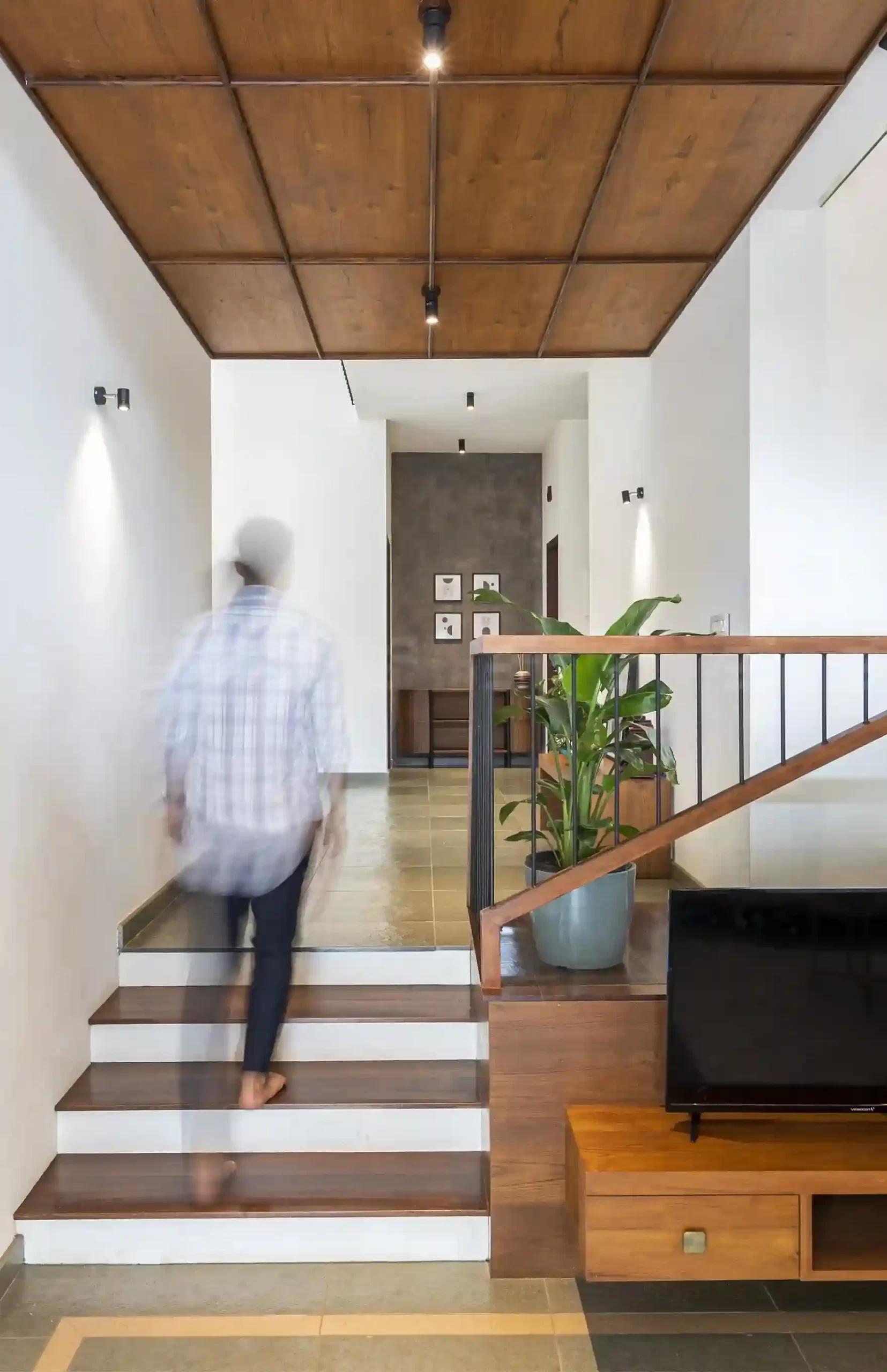 wooden ceiling living to dining transition