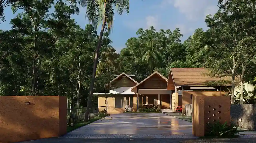 Long view of architecture house design Malappuram highlighting fine detailing and textures