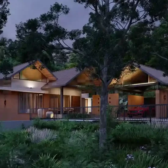 Night view of architecture house design Malappuram with warm lighting and modern facade