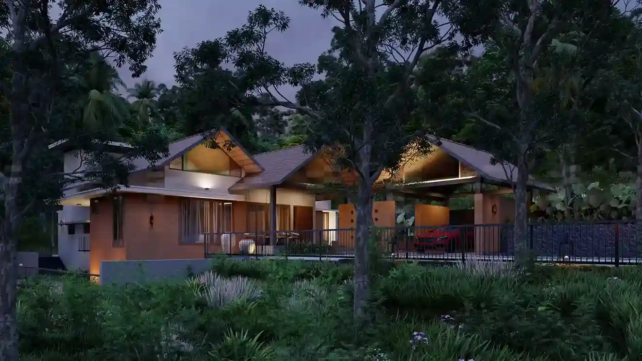 Night view of architecture house design Malappuram with warm lighting and modern facade