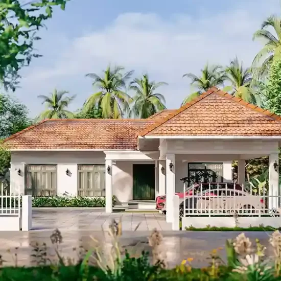 Modern single floor house design in Malappuram villa exterior with tropical style, airy layout, and natural textures – FORM Architects