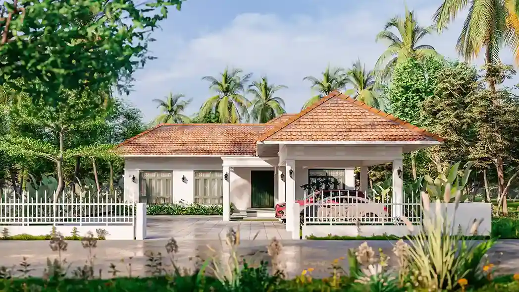 Modern single floor house design in Malappuram villa exterior with tropical style, airy layout, and natural textures – FORM Architects