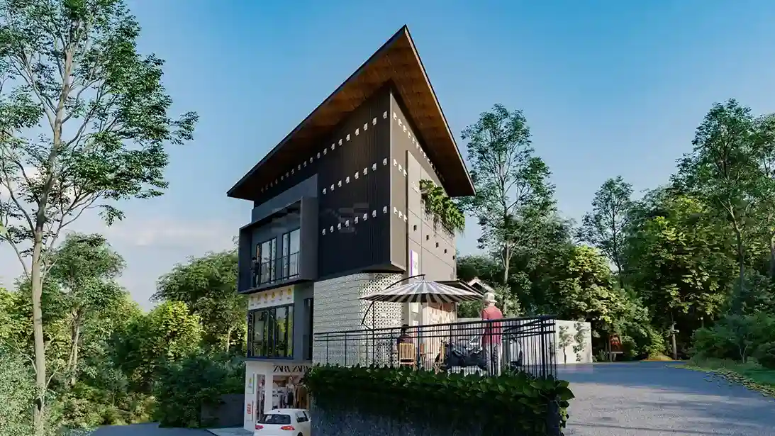 Contemporary commercial architecture in Malappuram featuring sleek lines, open balconies, and natural surroundings – FORM Architects