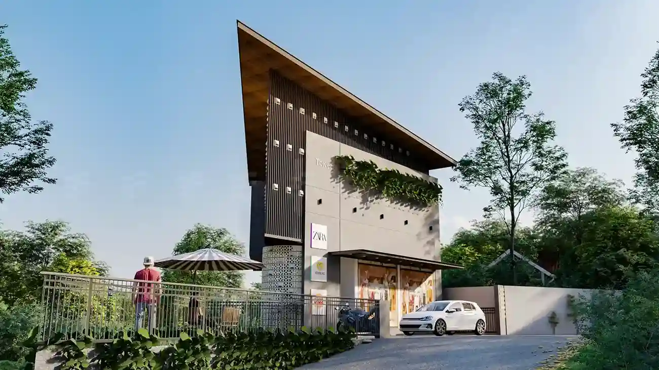 Modern commercial building design surrounded by greenery, created by the best commercial architects in Malappuram – FORM Architects