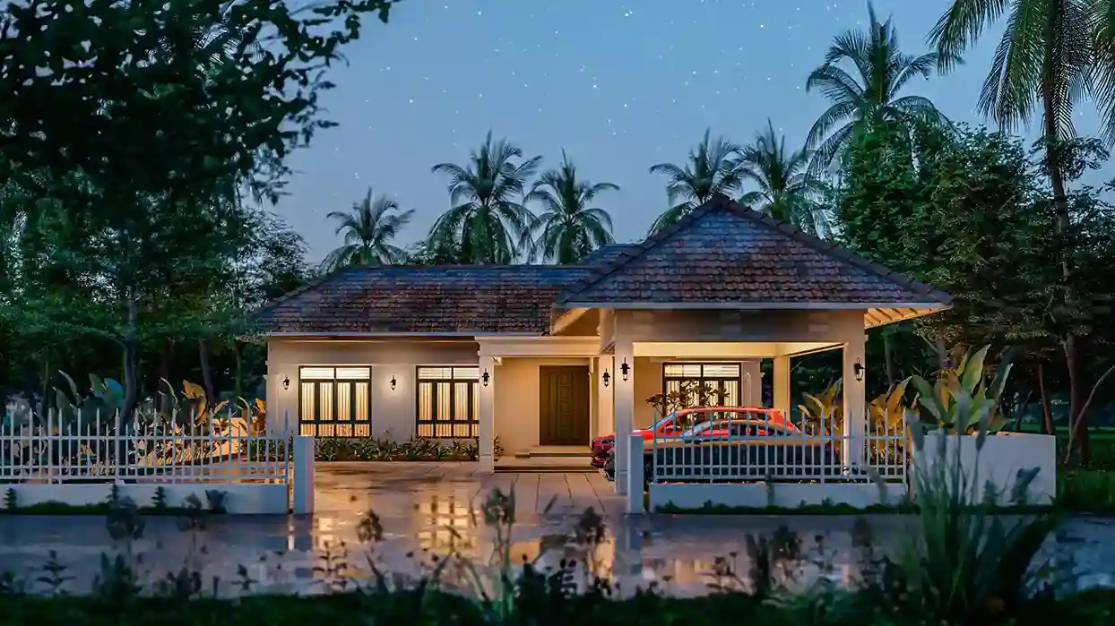 Night view of a modern single floor villa design in Malappuram with warm lighting, sleek exterior, and tropical architectural style – FORM Architects