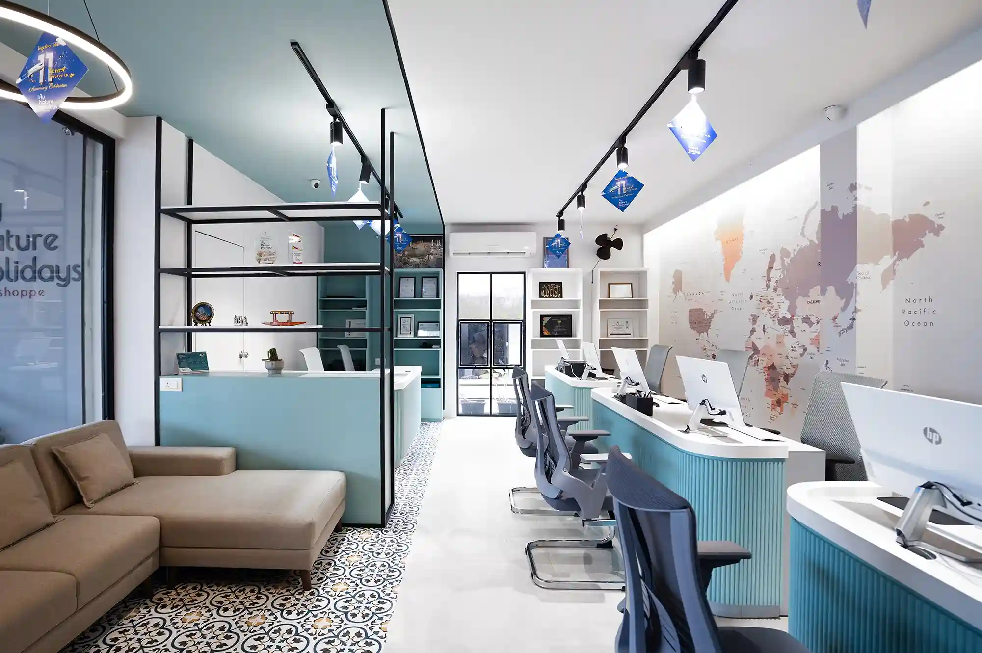 Wide shot of open office reception