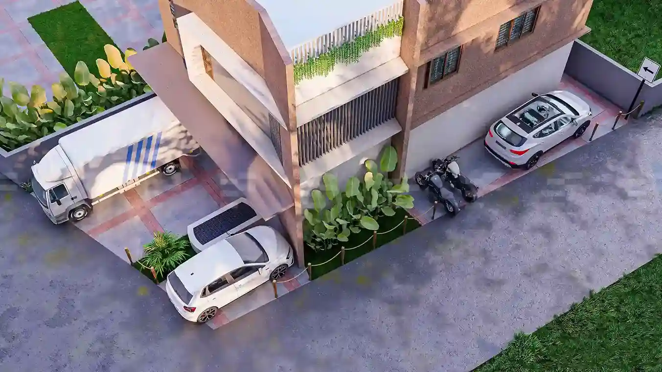 Apartment architectural design showcasing modern exterior with top view