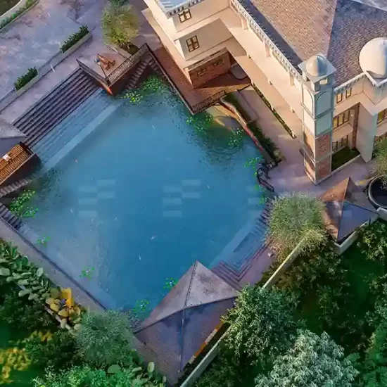 Top view of mosque design in Kerala with a scenic pond landscape