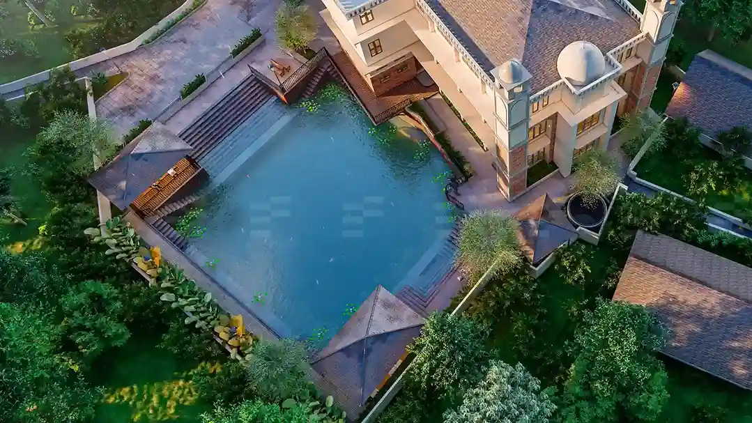 Top view of mosque design in Kerala with a scenic pond landscape
