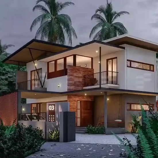 Evening view of a residence, Project by Leading Architects in Calicut, featuring facade lighting and modern material finishes.