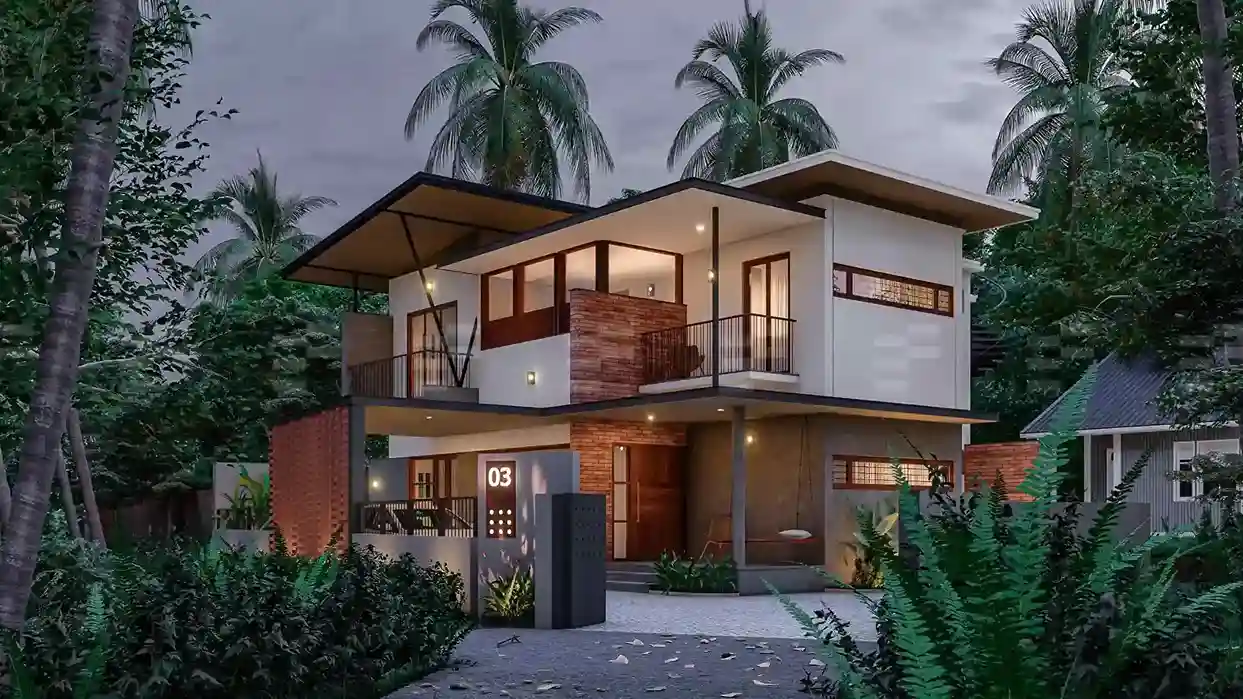 Evening view of a residence, Project by Leading Architects in Calicut, featuring facade lighting and modern material finishes.