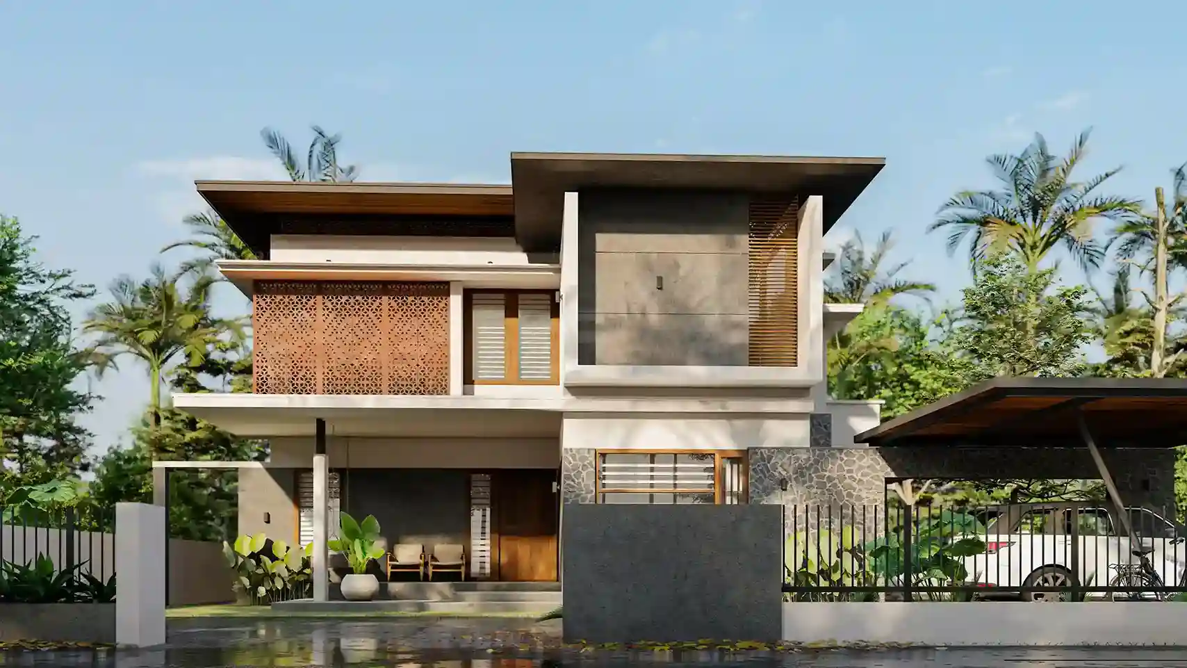 Stylish house exterior showcasing contemporary design by architects in Kozhikode
