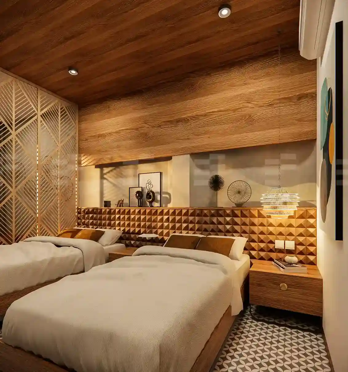 Modern hotel bedroom design showcasing elegant interiors in Kondotty