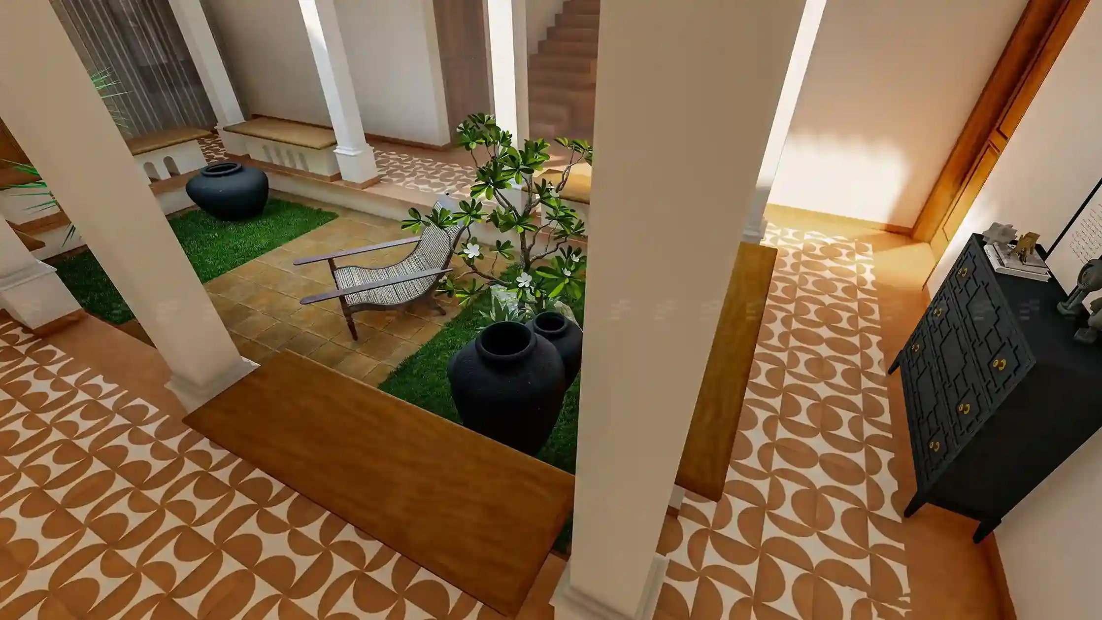 Traditional Kerala-style home with sloping roof, wooden pillars, and a serene courtyard designed by expert architects