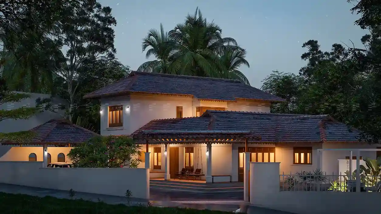 Traditional Kerala-style home with sloping roof, wooden pillars, and a serene courtyard designed by expert architects