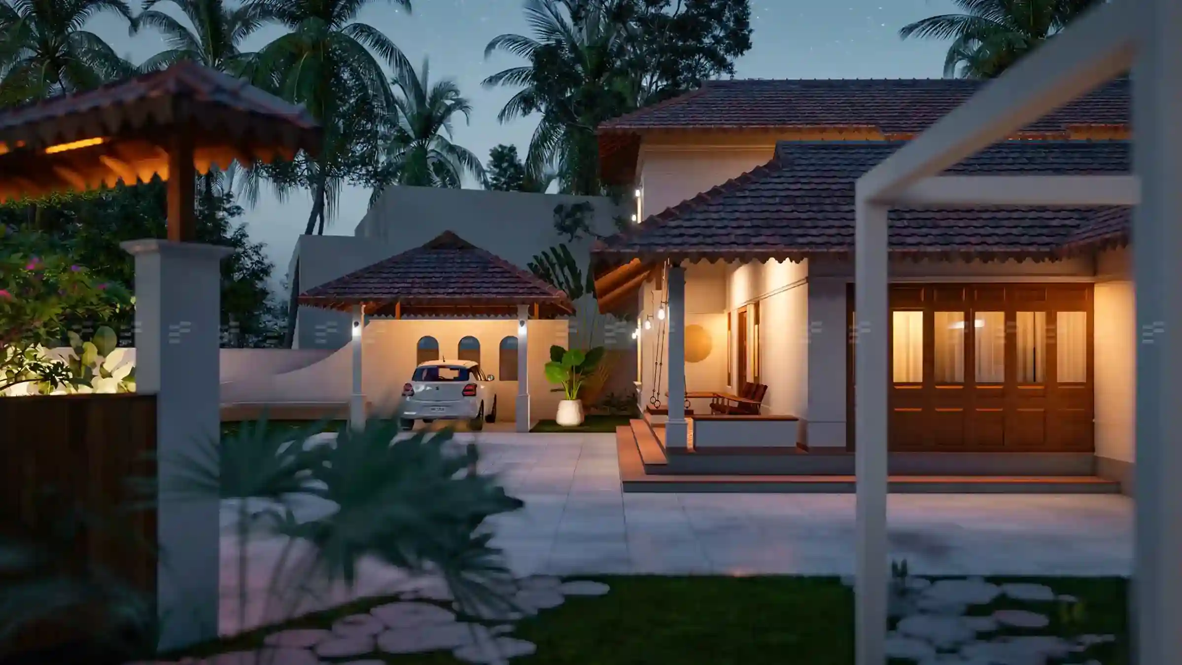 Traditional Kerala-style home with sloping roof, wooden pillars, and a serene courtyard designed by expert architects
