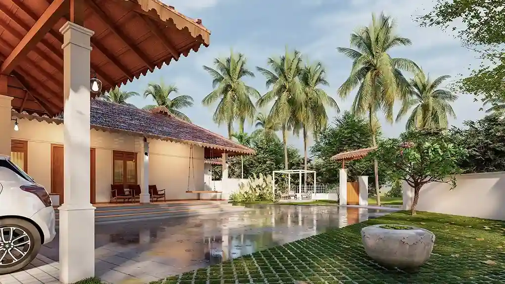 Traditional Kerala-style home with sloping roof, wooden pillars, and a serene courtyard designed by expert architects