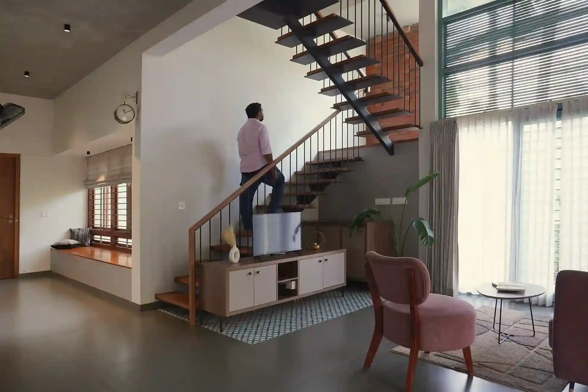 Contemporary house design Kerala open stair with living area