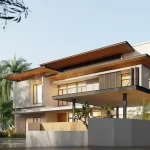 Front elevation of a Kerala tropical house design with layered roofs, wide balconies, and palm-lined surroundings.