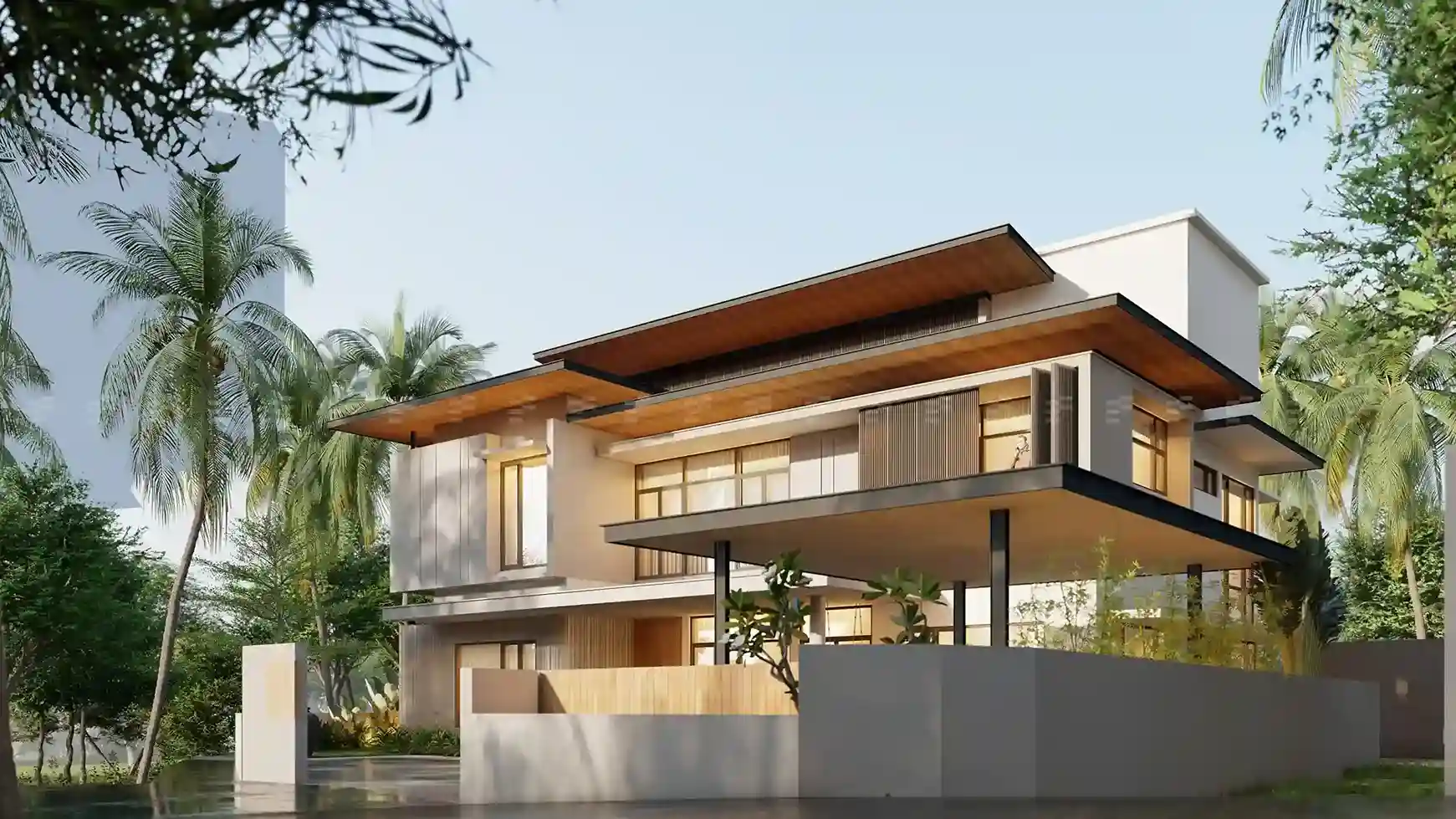 Front elevation of a Kerala tropical house design with layered roofs, wide balconies, and palm-lined surroundings.