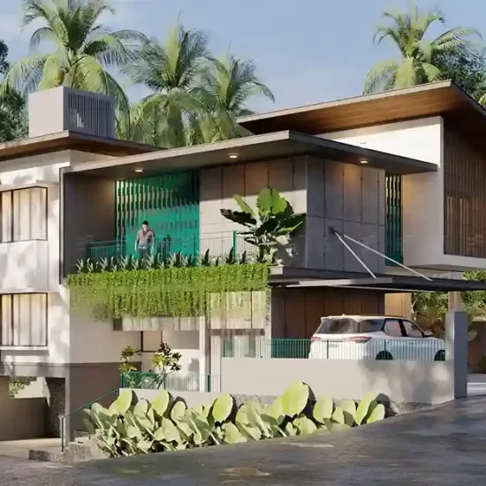 Exterior front of a modern home designed by the best architectural firms in Kerala with textured finishes and green integration.