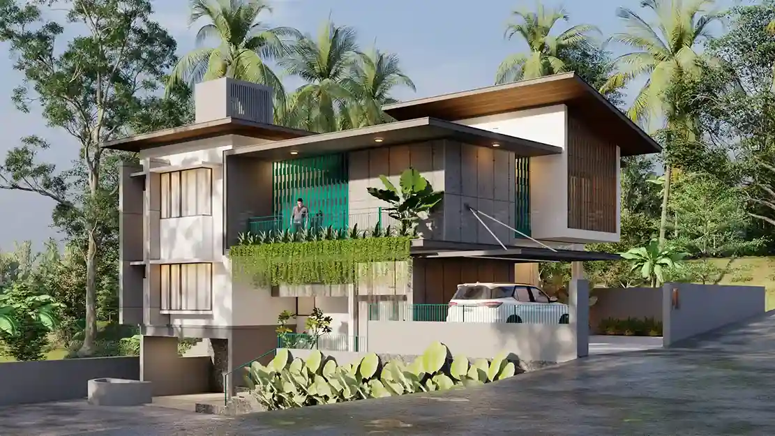 Exterior front of a modern home designed by the best architectural firms in Kerala with textured finishes and green integration.