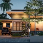 Contemporary house design with a longsite layout, featuring flat rooflines, extended frontage, and a wide landscape setting.
