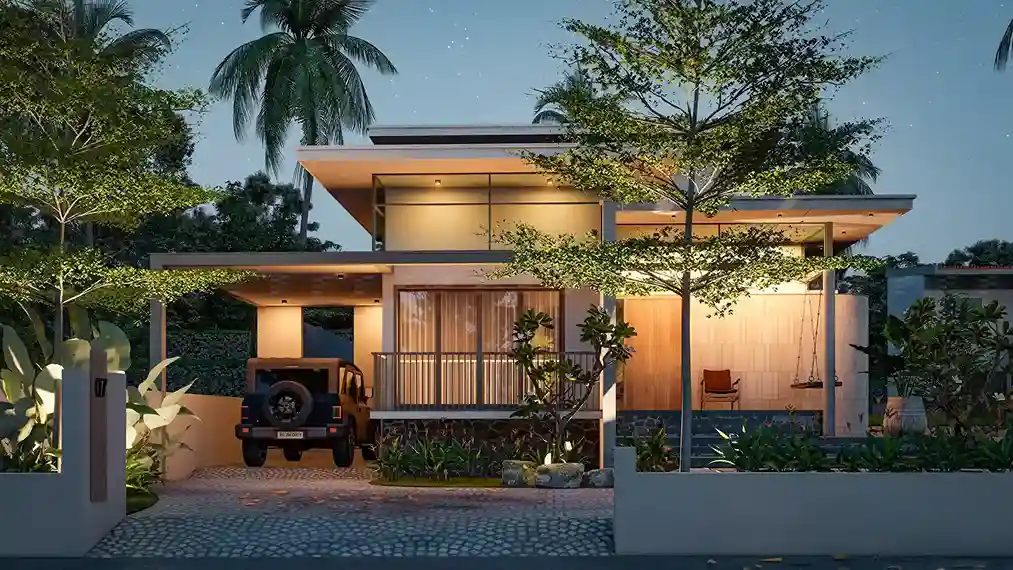 Contemporary house design with a longsite layout, featuring flat rooflines, extended frontage, and a wide landscape setting.