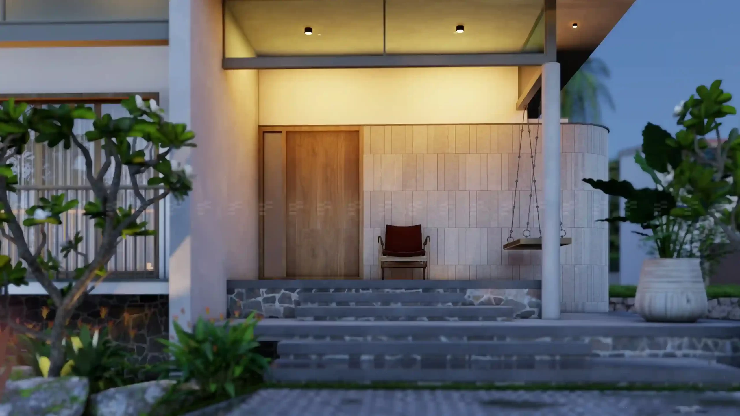 Sitout space in a contemporary house design with exposed ceiling lights, minimal swing seating, and textured wall cladding.