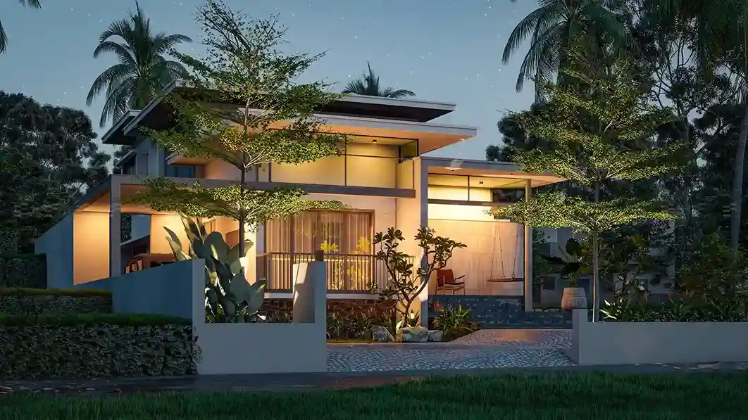 Contemporary house design featuring a longsite view with horizontal form, flat rooflines, and bold material contrast.