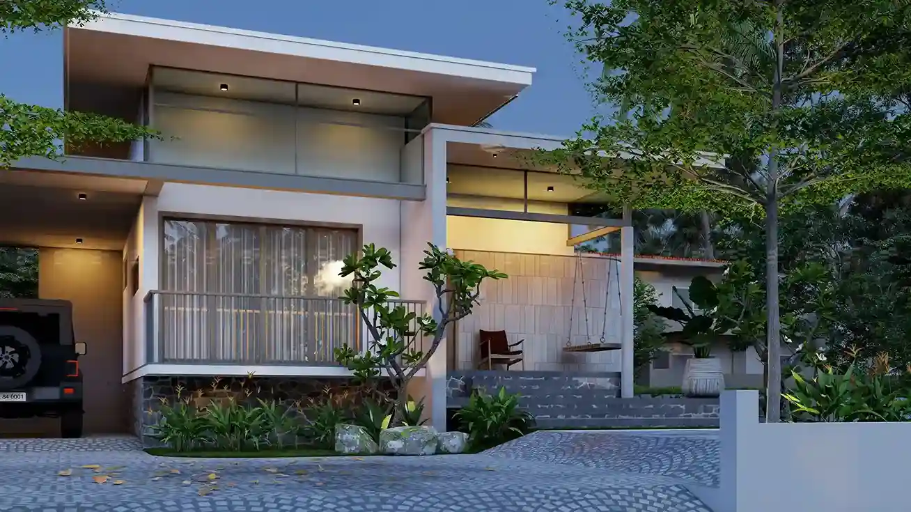 Contemporary house design with clean rooflines, large glazing, and a warm-toned sit out space nestled within tropical greenery.