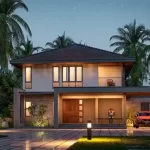 Home renovation Kerala project with a fresh contemporary facade, updated sit-out, and warm lighting elements.