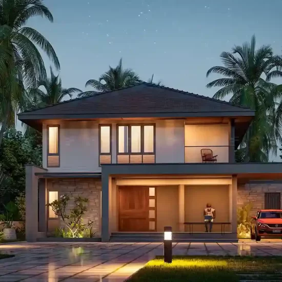 Home renovation Kerala project with a fresh contemporary facade, updated sit-out, and warm lighting elements.