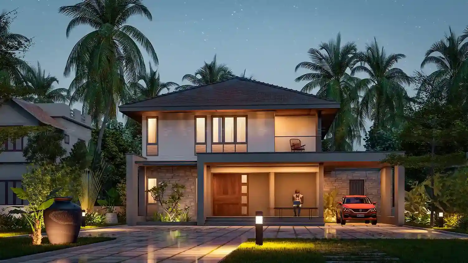 Home renovation Kerala project with a fresh contemporary facade, updated sit-out, and warm lighting elements.