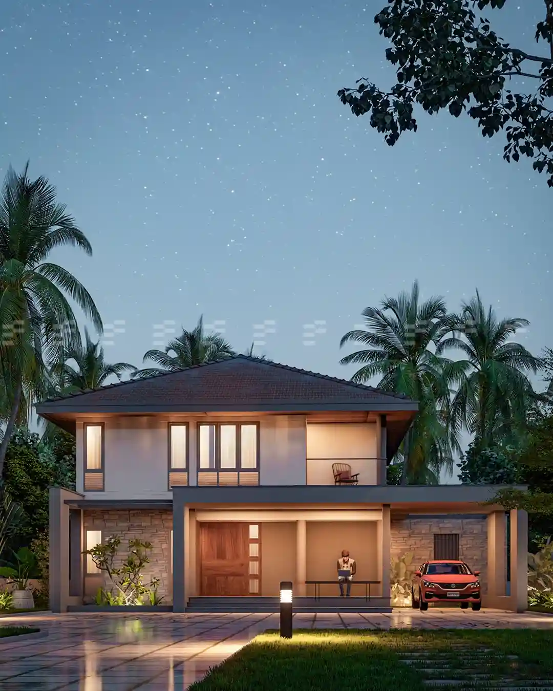 Contemporary home renovation in Kerala showcasing full front elevation with upgraded structure and material palette.