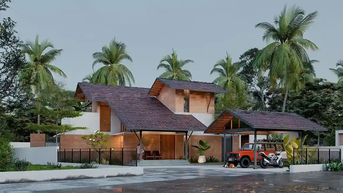 Traditional tiled roof home designed by architects in Malappuram
