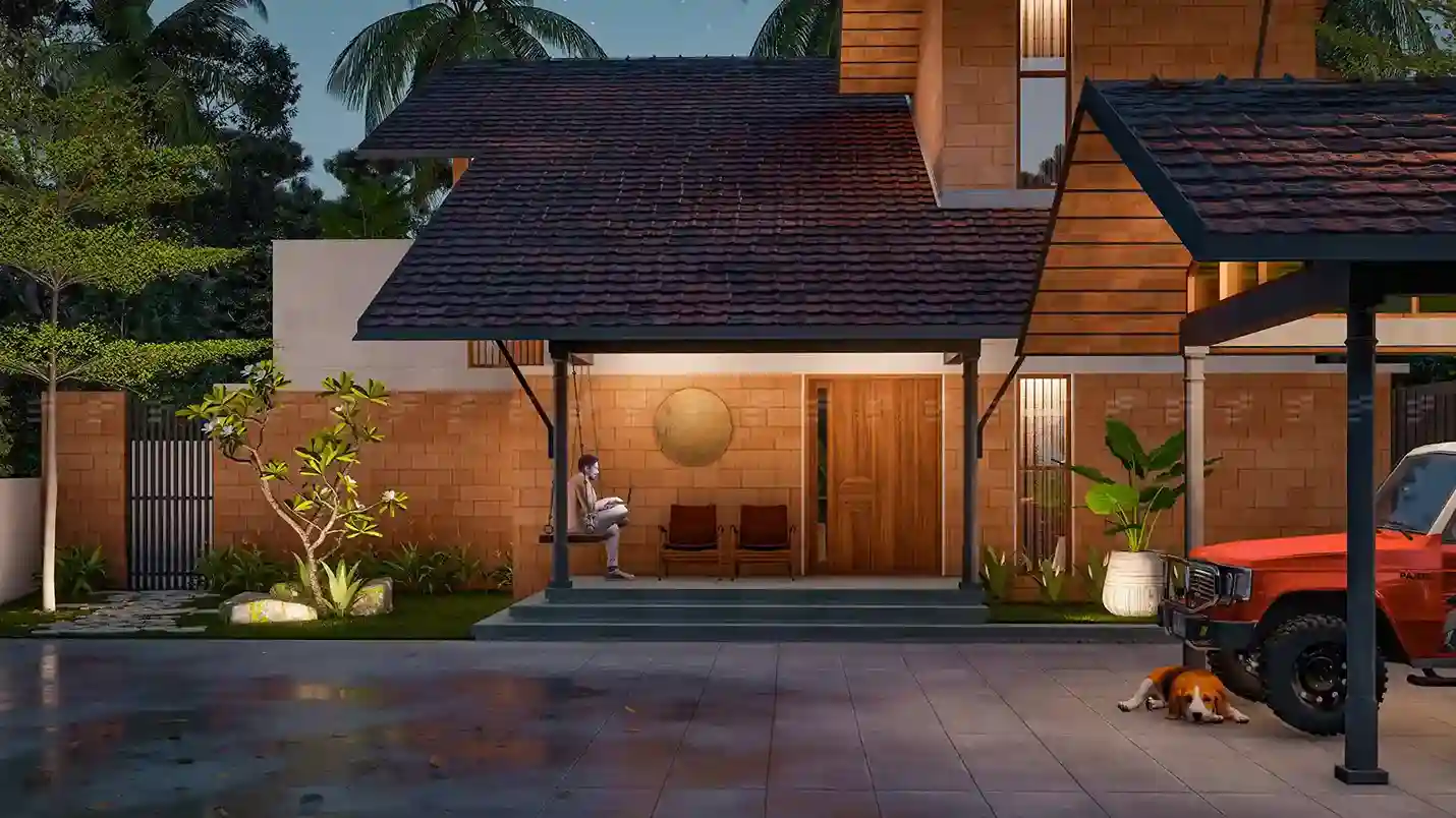 Close-up front view highlighting entry sit-out and wooden door