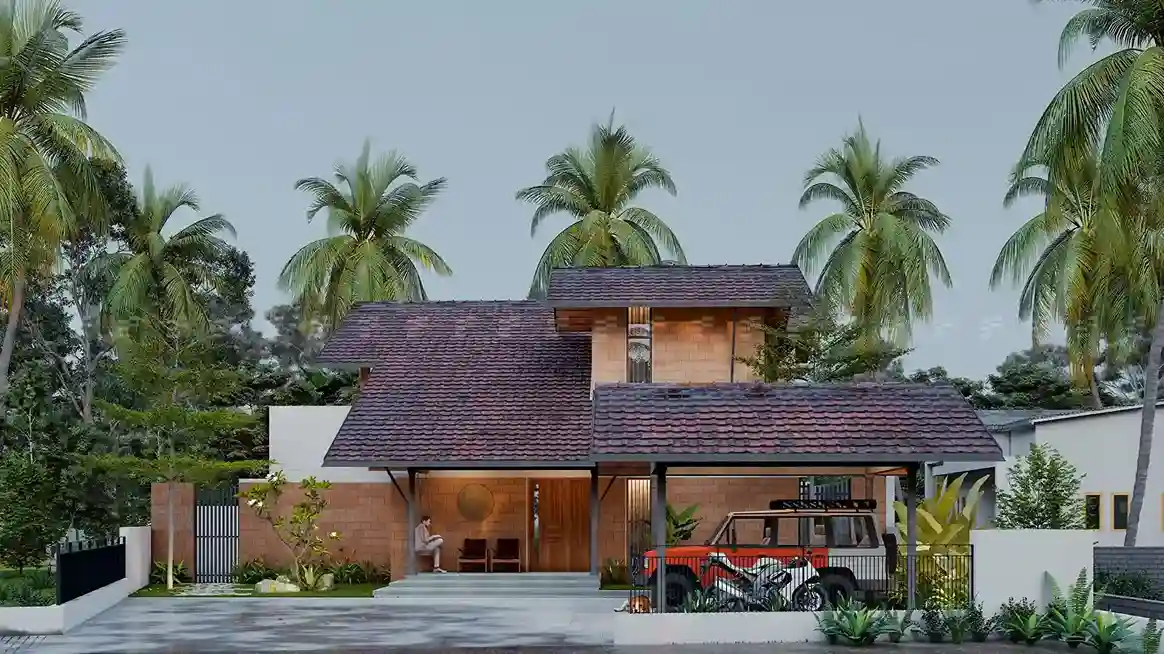 Day view of sloped roof home with clay brick walls and car porch