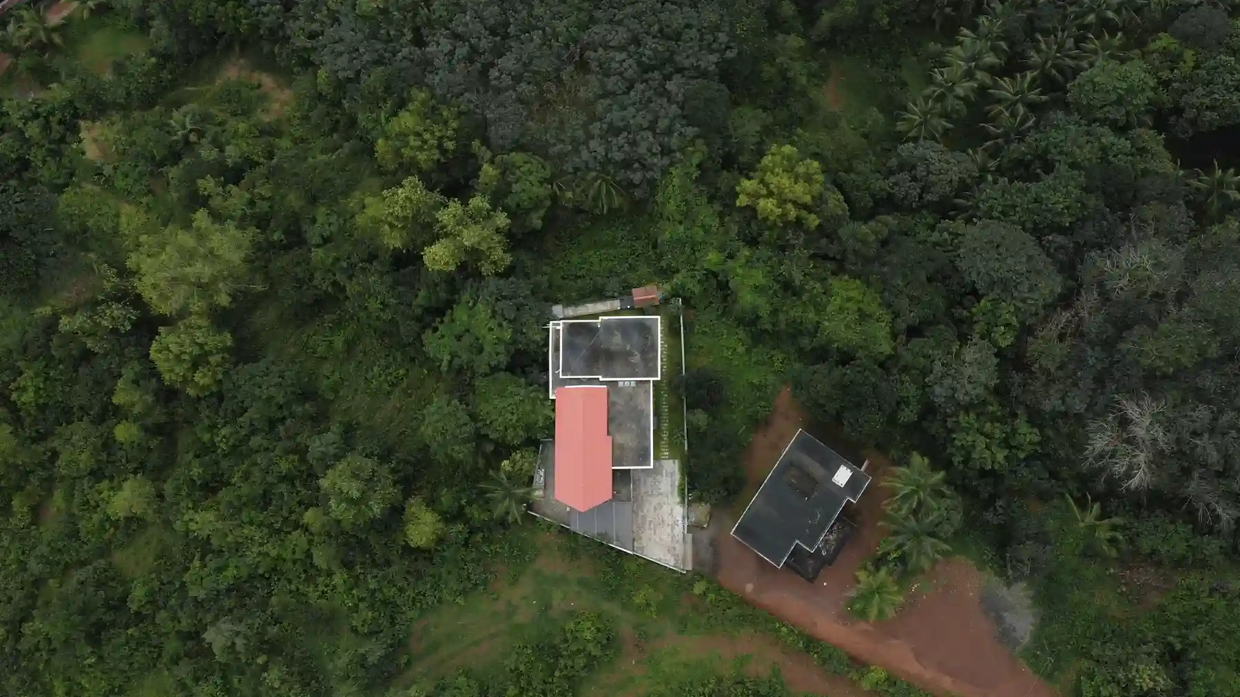 Aerial view of KYMARA house nestled within the dense greenery and forest-inspired landscape in Pulikkal, Kerala.